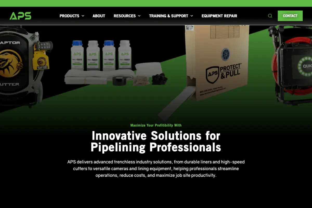 APS trenchless pipe lining equipment including Raptor cutter, sewer lining supplies, such as liner inside a Protect & Pull box and a Versa-Patch patch kit, and inspection camera, featured in a guide on starting a trenchless business