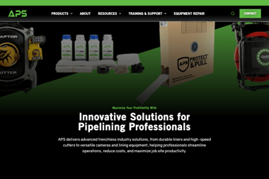 APS trenchless pipe lining equipment including Raptor cutter, sewer lining supplies, such as liner inside a Protect & Pull box and a Versa-Patch patch kit, and inspection camera, featured in a guide on starting a trenchless business