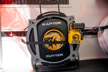 Raptor Cutter high-speed drain cleaning machine from American Pipelining Solutions secured inside a service vehicle, designed for precision pipe cleaning and rehabilitation.