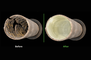 Before and after cross-section of a cast iron sewer pipe showing severe scale buildup and corrosion compared to a smooth cured CIPP pipe lining restoring full flow capacity