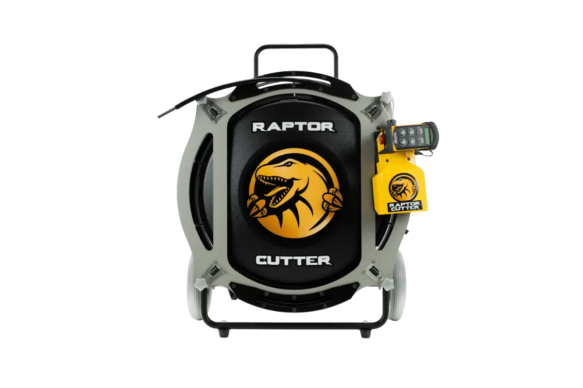 Front view of the APS Raptor Cutter high-speed drain cleaning machine with wireless remote and modular reel design.