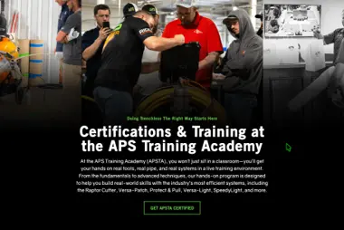 Screenshot of the APS Training Academy webpage showing technicians receiving hands-on CIPP training with text promoting certifications and programs offered by American Pipelining Solutions.