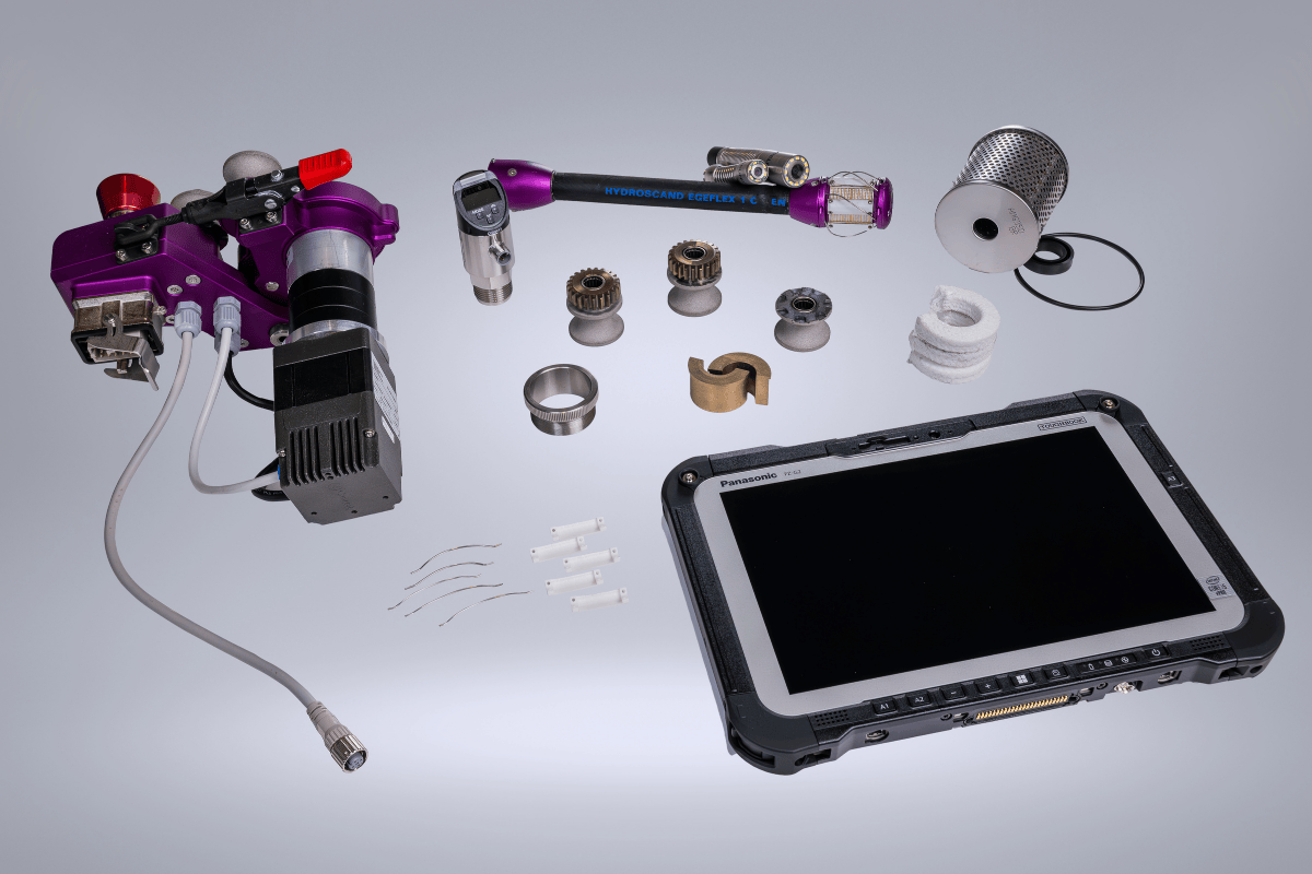 UV XAIR UV Relining equipment kit with Panasonic Toughbook G2 wireless control tablet, UV curing head, spare parts, and trenchless installation accessories