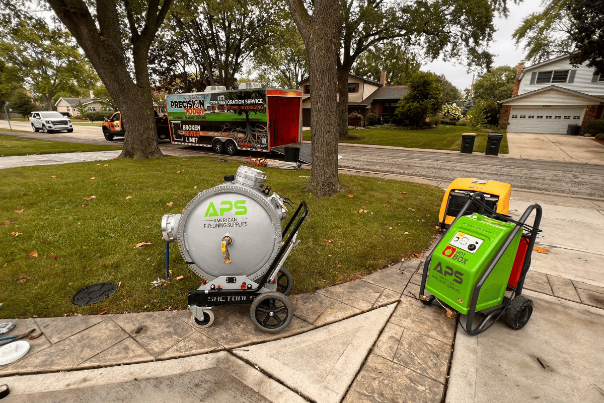 APS inversion drum and Hot Box hot water curing system set up for a cured-in-place pipe (CIPP) installation at a residential jobsite with a contractor service trailer in the background.