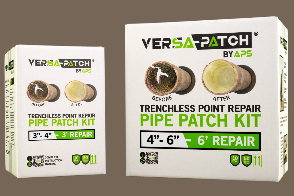 Versa Patch trenchless pipe patch kit by APS for PVC pipe patch kit repairs and pipe patching of damaged sewer lines before and after restoration.