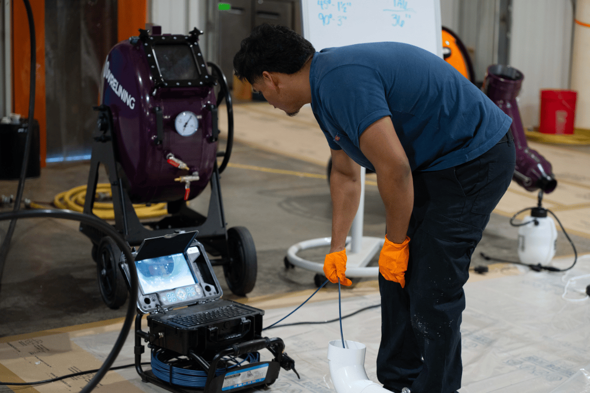 Trainee using an inspection camera to inspect PVC pipe during a hands-on trenchless training session.