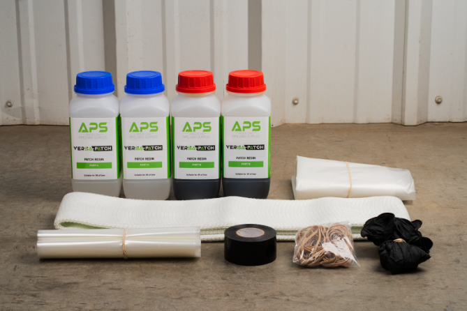 Complete Versa-Patch kit from American Pipelining Solutions including resin, patch, gloves, and repair accessories.